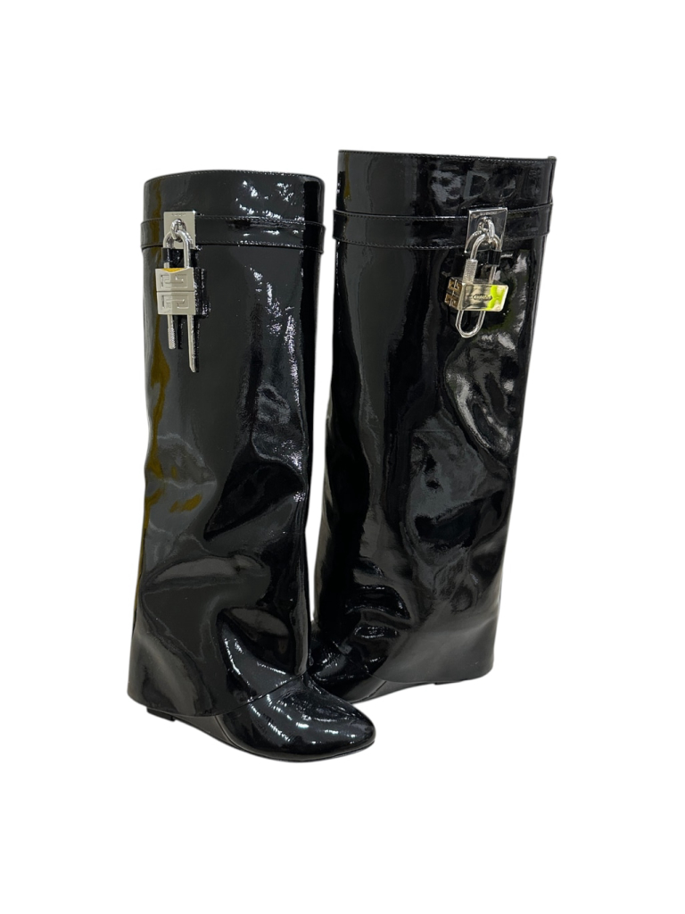 Women's Givenchy Black Patent Leather Shark Wedge Boots Size 36